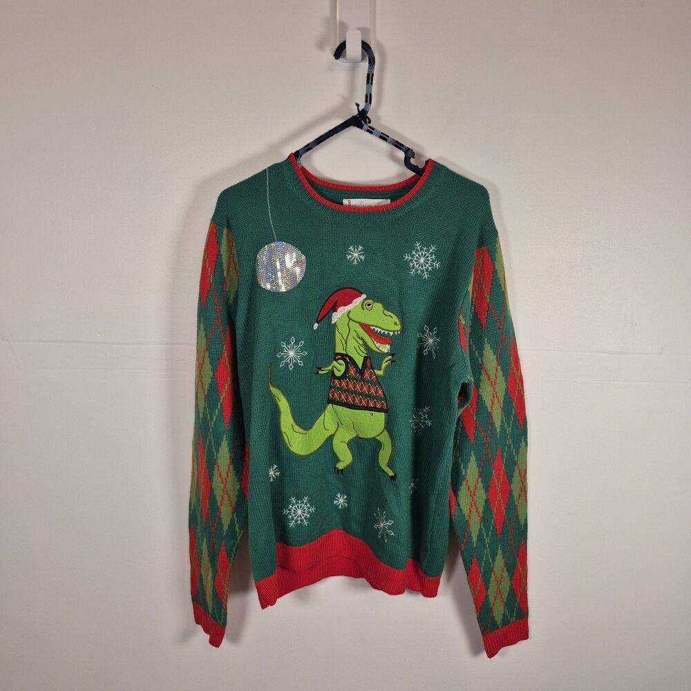 Jolly Sweaters Men's Ugly Christmas Sweater Size M Disco Dancing Dinosaur Green